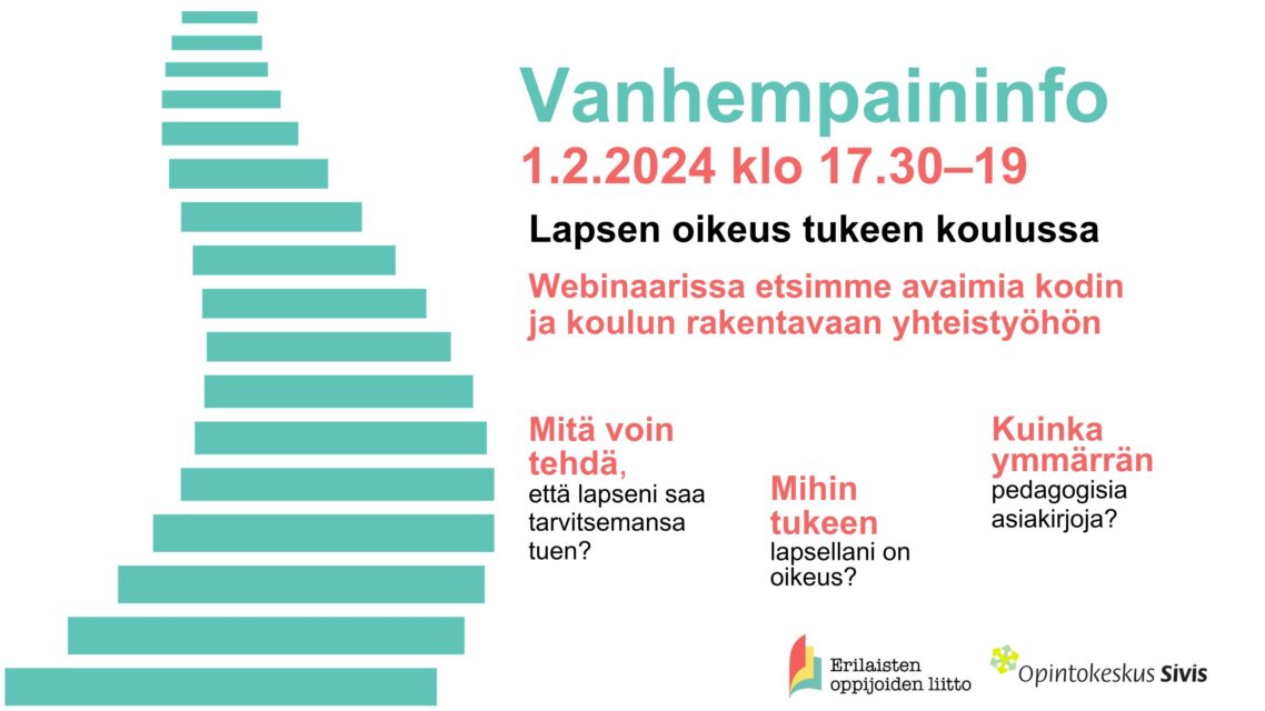 Vihreä porraskuvio vasemmassa reunassa ja oikealla teksti, joka kertoo Vanhempaininfon ajan ja teeman sekä kysymykset, joihin siellä saa vastaukset.